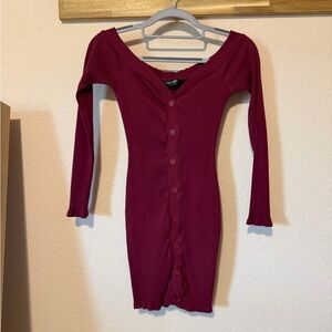Fashion Nova Burgundy Ribbed Off-Shoulder Button-Front Long Sleeve Dress